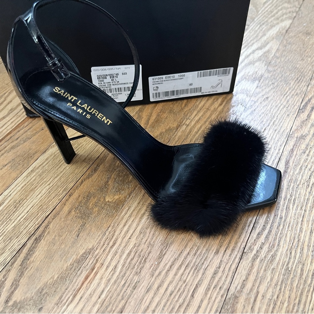 AUTHENTIC Saint Laurent Black Stiletto Fur Strap Heels